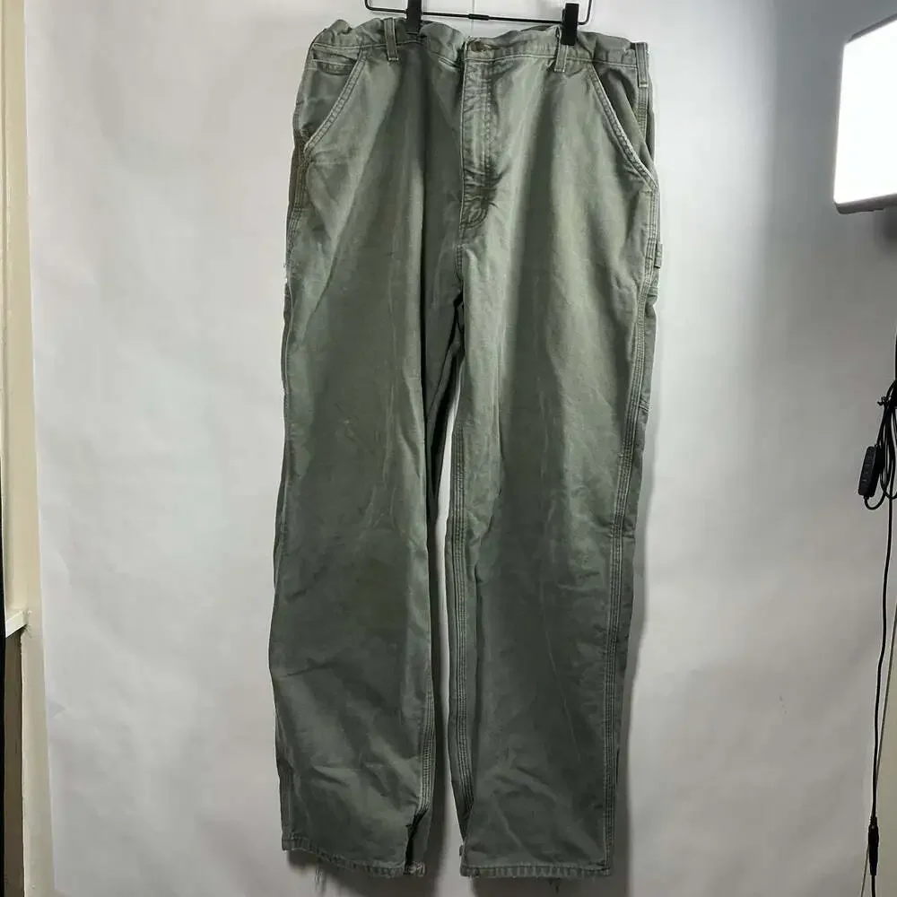 Carhartt Vintage Flannel-Lined Green Canvas Carpenter Work Pants Distressed
